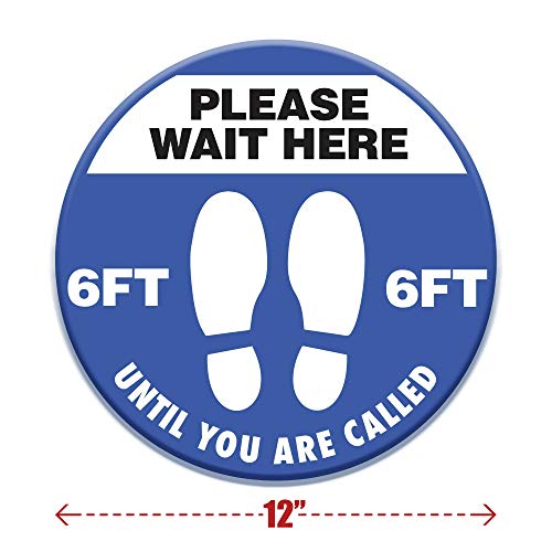 Please Wait Here Floor Sticker, 12 Pack, Social Distancing Water-Resistant Vinyl Decal for Store, Business, Commercial Use, Blue and White Warning Alert Signs, Indoor