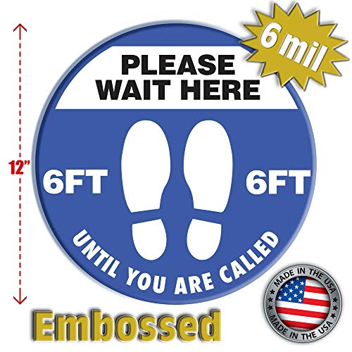 Please Wait Here Floor Sticker, 12 Pack, Social Distancing Water-Resistant Vinyl Decal for Store, Business, Commercial Use, Blue and White Warning Alert Signs, Indoor