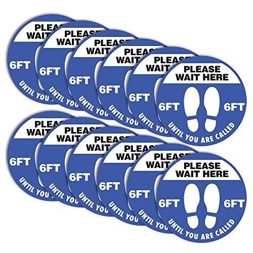 Please Wait Here Floor Sticker, 12 Pack, Social Distancing Water-Resistant Vinyl Decal for Store, Business, Commercial Use, Blue and White Warning Alert Signs, Indoor