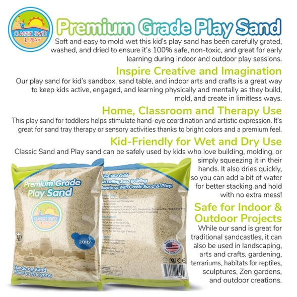 Classic Sand and Play Sand for Sandbox, Table, Therapy, and Outdoor Use, 20 lb. Bag, Natural, Non-Toxic, Wet Castle Building for Creativity and Stimulates Sensory Skills