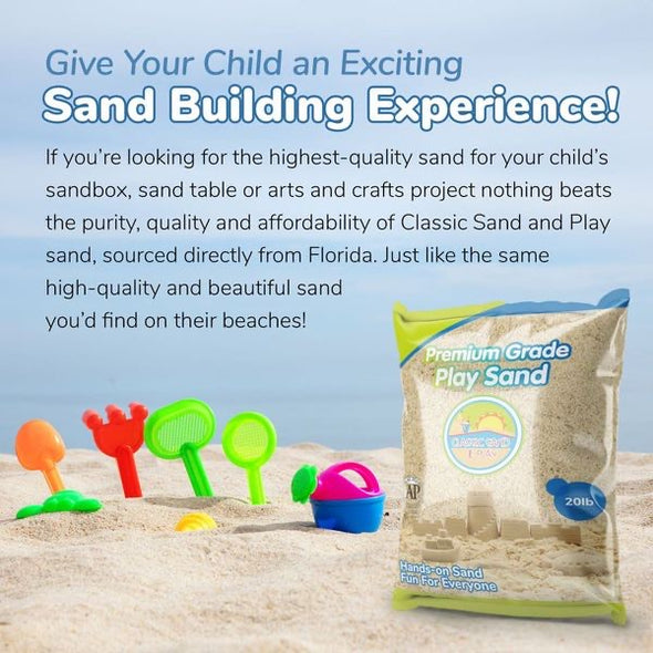 Classic Sand and Play Sand for Sandbox, Table, Therapy, and Outdoor Use, 20 lb. Bag, Natural, Non-Toxic, Wet Castle Building for Creativity and Stimulates Sensory Skills