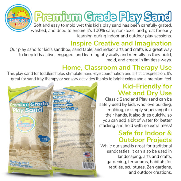 Classic Sand and Play Sand for Sandbox, Table, Therapy, and Outdoor Use, 40 lb. Bag, Natural, Non-Toxic, Wet Castle Building for Creativity and Stimulates Sensory Skills