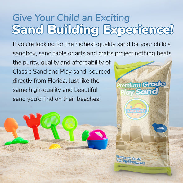 Classic Sand and Play Sand for Sandbox, Table, Therapy, and Outdoor Use, 40 lb. Bag, Natural, Non-Toxic, Wet Castle Building for Creativity and Stimulates Sensory Skills